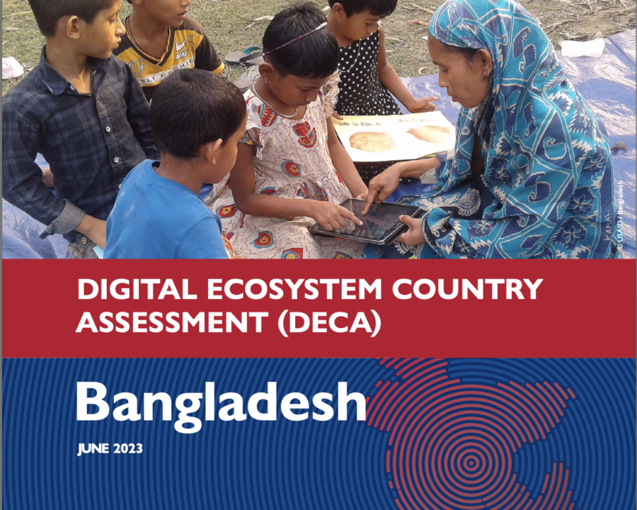 A woman and children sitting looking at a device. Cover photo for the Bangladesh Digital Ecosystem Country Assessment (DECA).