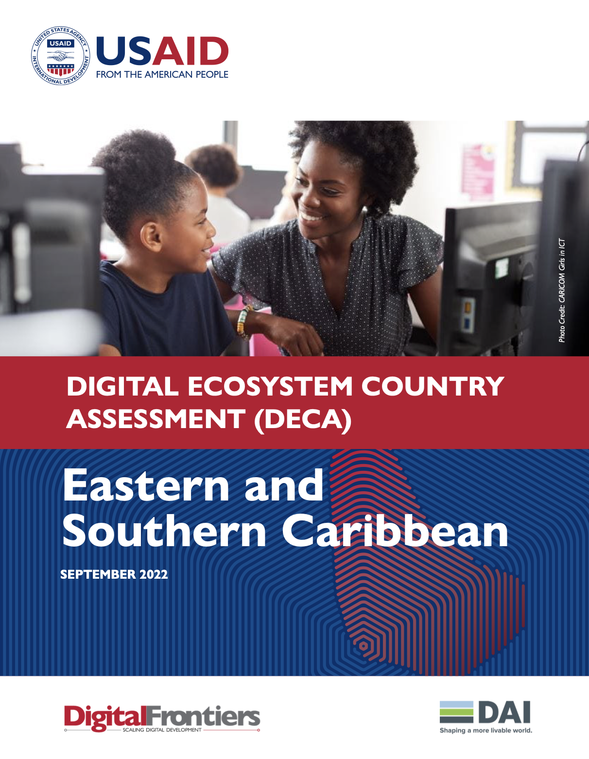 A woman and a student looking at one another while they sit in front of computers. Cover photo for the Eastern and Southern Caribbean Digital Ecosystem Country Assessment (DECA).