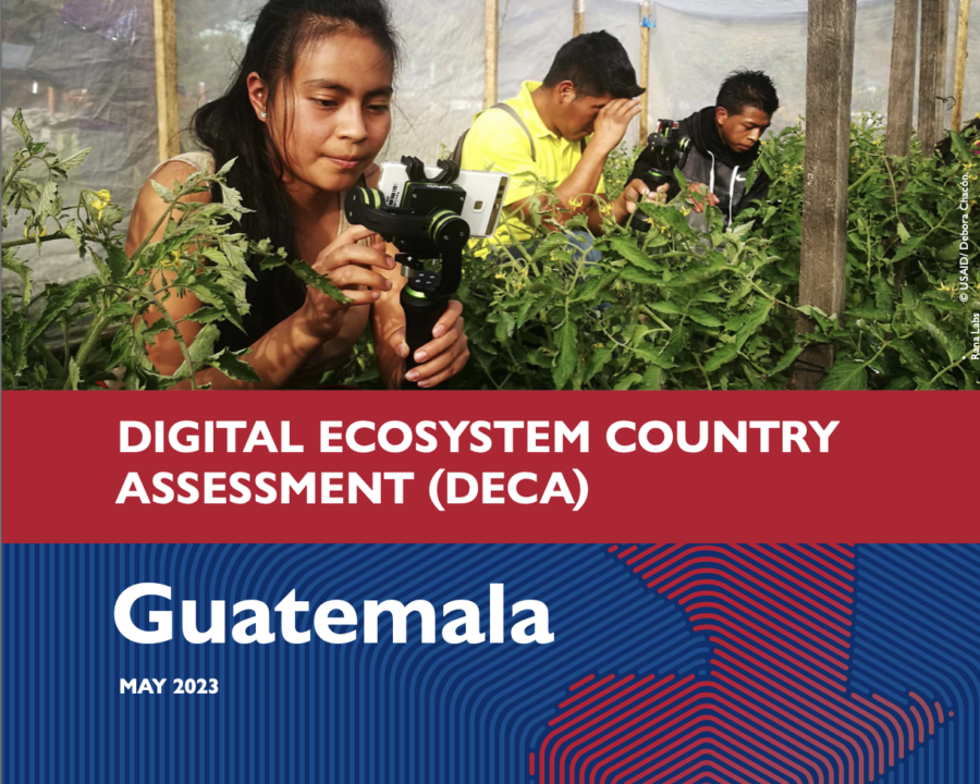 Two men and a woman taking photos of plants. Cover photo for Guatemala's Digital Ecosystem Country Assessment (DECA).