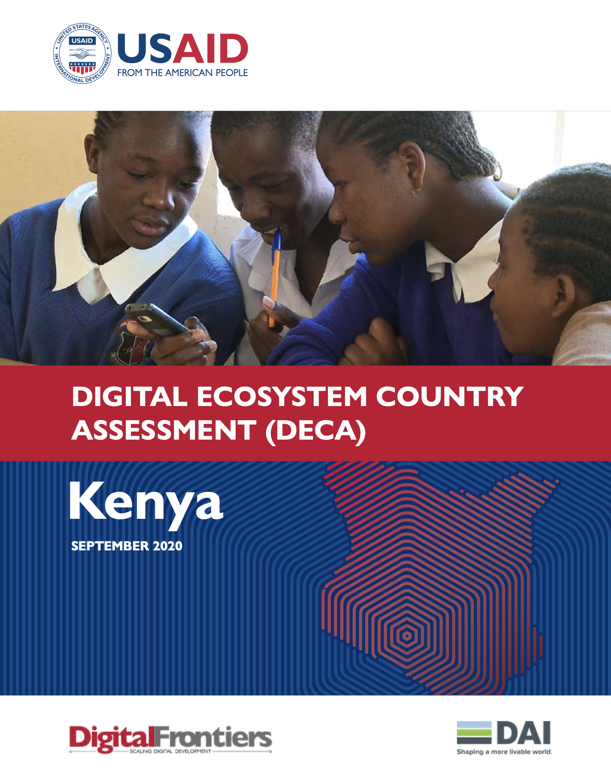 Four students looking at a cell phone on the cover of Kenya's Digital Ecosystem Country Assessment (DECA).