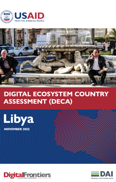 Two men sitting on a fountain on the cover of Libya's Digital Ecosystem Country Assessment (DECA).