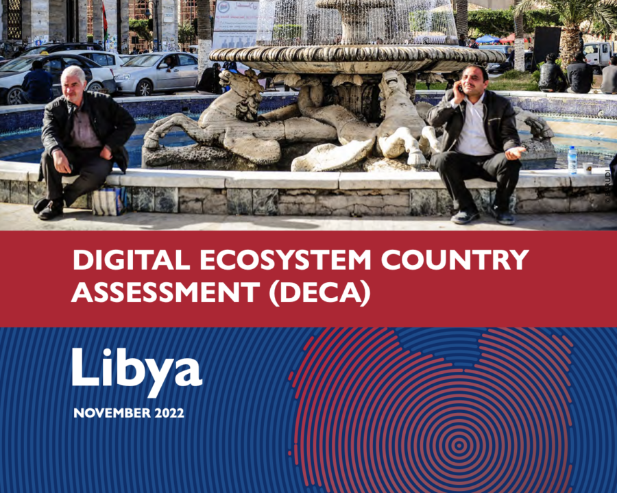 Two men sitting on a fountain on the cover of Libya's Digital Ecosystem Country Assessment (DECA).