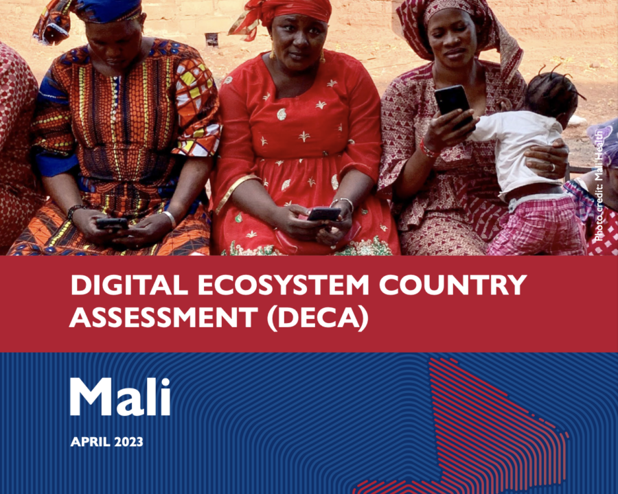 Women and men using their phones on the cover of Mali's Digital Ecosystem Country Assessment (DECA).