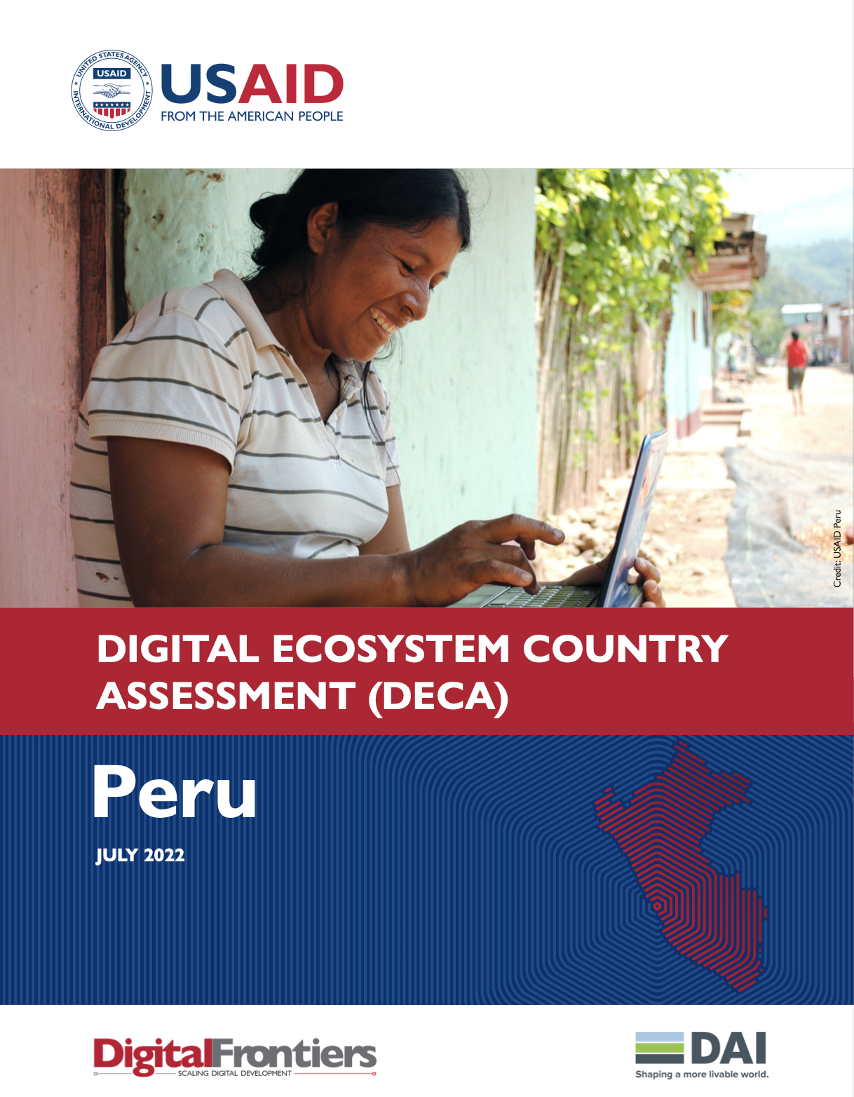 The cover photo for Peru's Digital Ecosystem Country Assessment (DECA), featuring a woman smiling on her laptop.