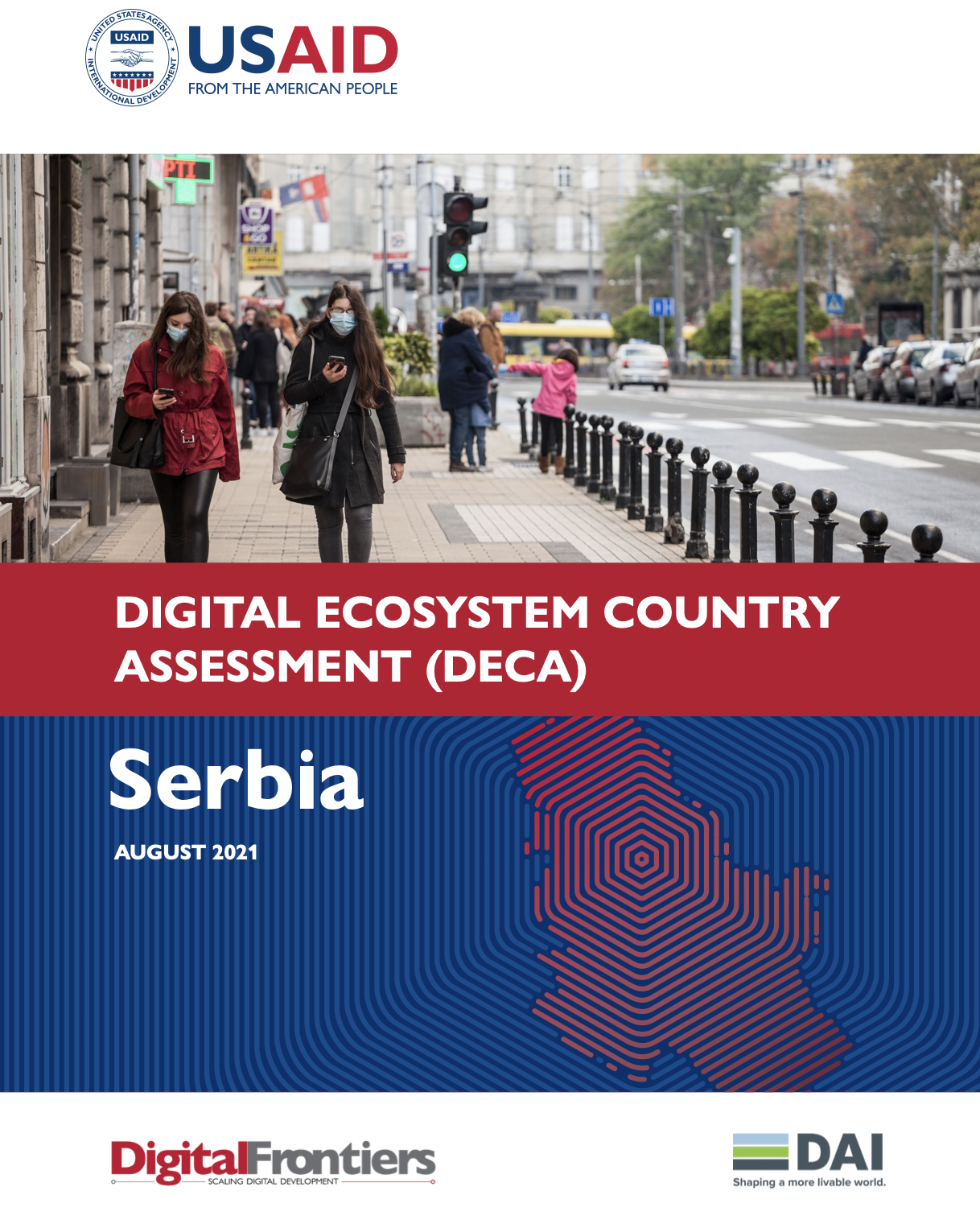 People walking on the street using their cell phones. Cover photo for Serbia's Digital Ecosystem Country Assessment (DECA).