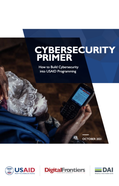 A woman holding a phone on the cover of the USAID Cybersecurity Primer document.