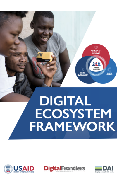 Three men smiling on the cover of the Digital Ecosystem Framework report.