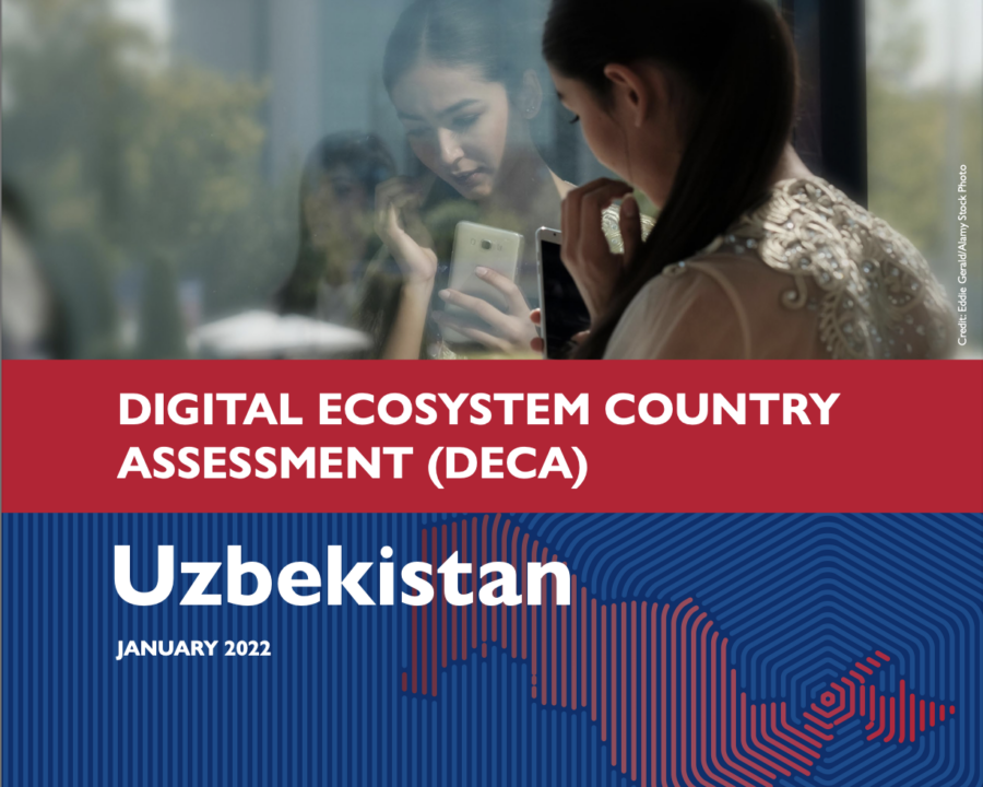 A woman standing by the window with her phone on the cover photo for Uzbekistan's Digital Ecosystem Country Assessment (DECA).