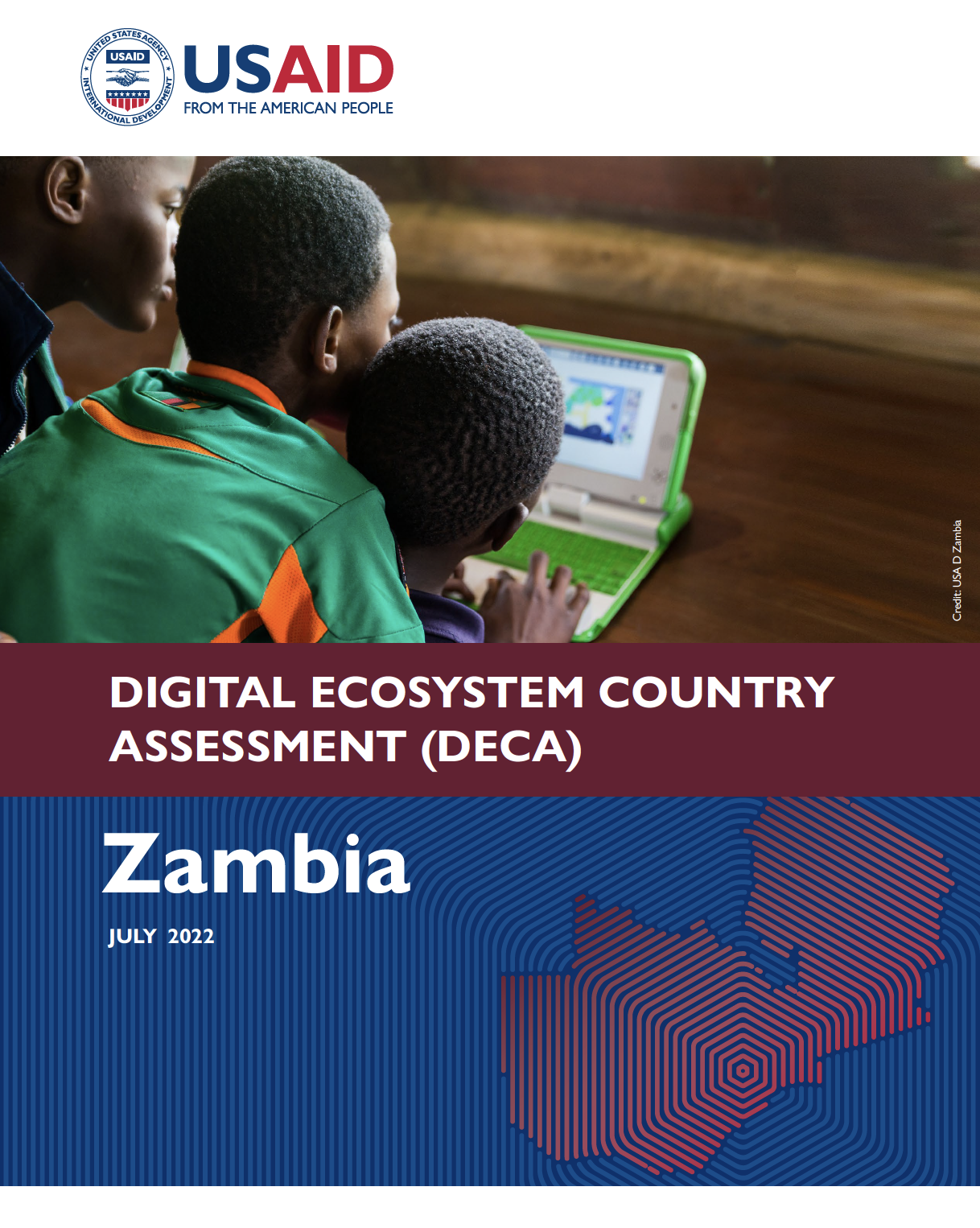 Three boys on a laptop on the cover of Zambia's Digital Ecosystem Country Assessment (DECA).